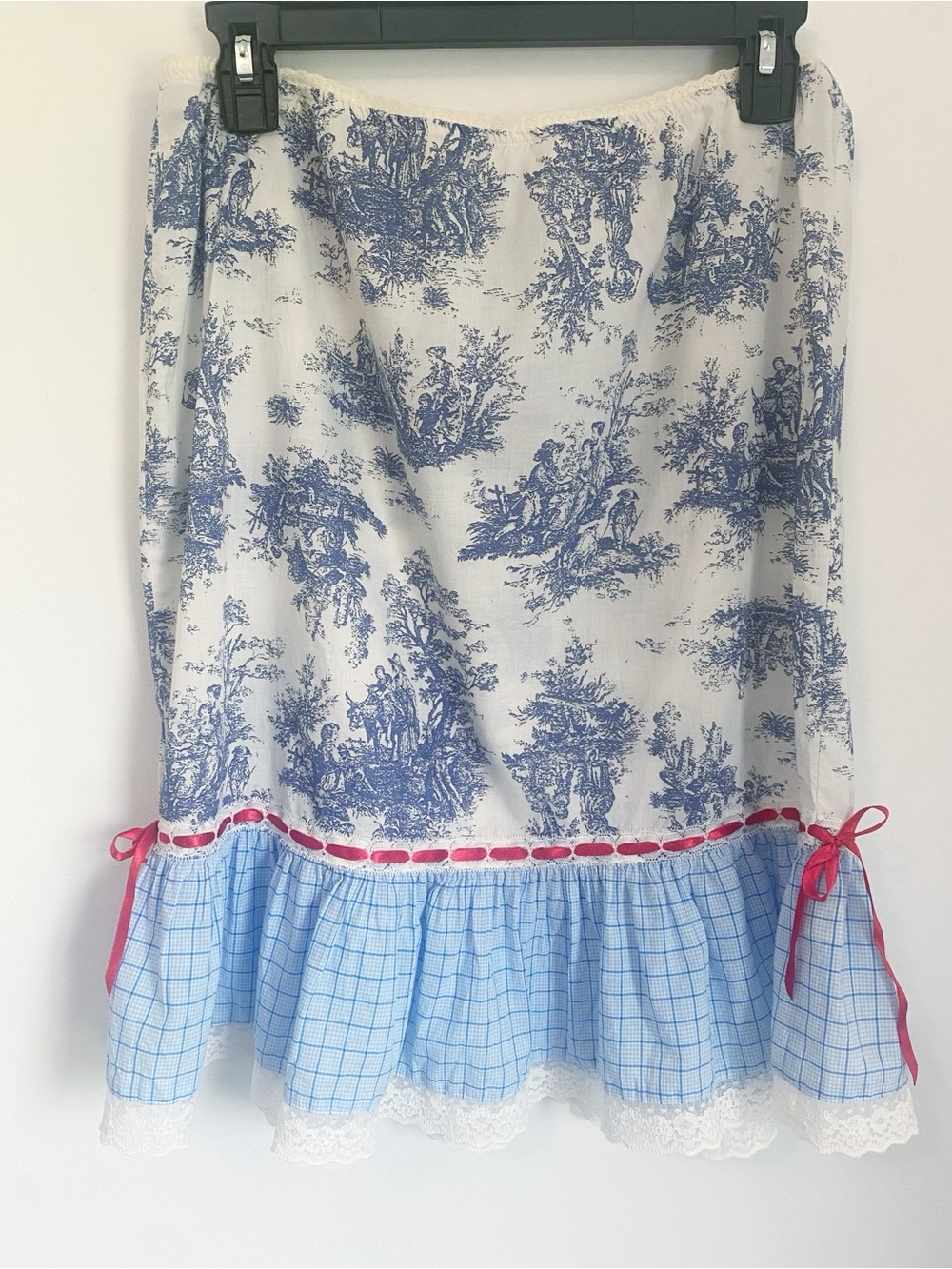 Free People Blue & Soft White Toile Ruffle Skirt with Red Ribbon M